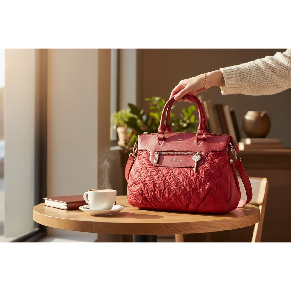 Juicy Couture Satchel Bag Women Large Red Good Quilted Nylon Crossbody Key Charm